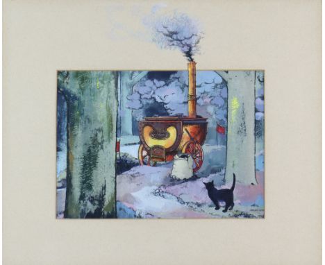 ***K. Lovat Watson (20th Century) - Watercolour - Early railway engine in a wood with a black cat looking on, signed and date