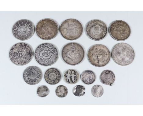 A Victoria 1895 Crown, F, eight Chinese silver coins, Victoria 1840 Rupee, and nine other silver coins, various.&nbsp;