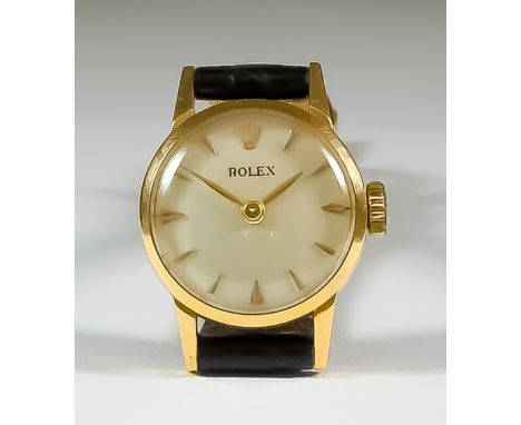 A Lady's Rolex Manual Wind Wristwatch, 20th Century, 18ct gold case 20mm diameter, silver dial with gold baton numerals, on n