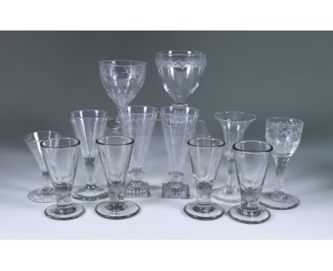 A Collection of English Wine Glasses, 18th/Late 19th Century, including - rummer with engraved border and lemon squeezer foot