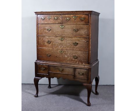 A Late 18th Century Oak Chest on Stand, with moulded edge to top, fitted two short and three long drawers, stand fitted three