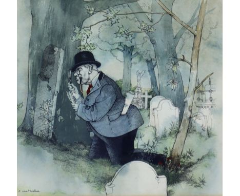 ***K. Lovat Watson (20th Century) - Watercolour - Kneeling bowler-hatted gentleman in a graveyard examining a gravestone, sig