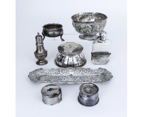 A Late Victorian Silver Circular Inkwell and Mixed Silverware, the inkwell maker's mark rubbed, London 1894, with reeded moun