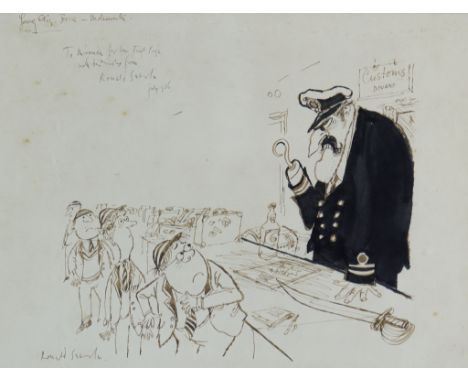 ***Ronald Searle (1920-2011) - Ink drawing - Molesworth confronted by a customs officer, signed, inscribed and dated July 195