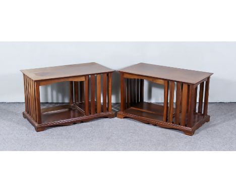 A Pair of Modern Walnut Rectangular Book Tables, the figured top inlaid with feather bandings, with slatted sides on bracket 
