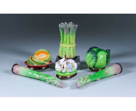 Six Halcyon Days Bone China and Enamel Novelty Boxes, including - bunch of asparagus, 3.75ins, and rabbit inspired by Chelsea