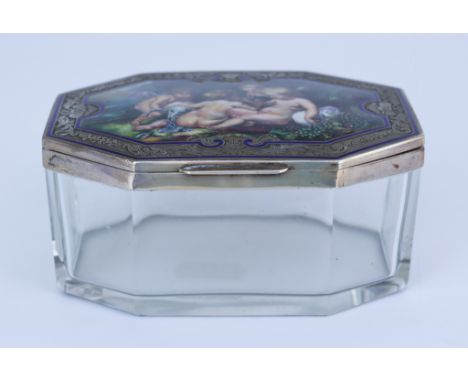 A Continental Silvery Metal and Enamel Mounted Glass Octagonal Box and Cover, possibly French, the lid enamelled with four ch