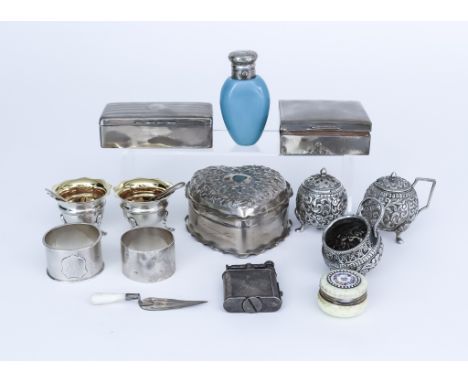 A Victorian Silver Heart Pattern Trinket Box and Mixed Silverware, the trinket box by Stokes &amp; Ireland Ltd., Birmingham 1