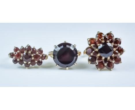 Three Garnet Dress Rings, Modern, 9ct gold - comprising, one garnet cluster ring, size L+, one other garnet cluster ring, siz