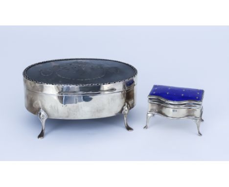 A George V Silver and Tortoiseshell Oval Trinket Box and a Silver and Blue Enamel Topped Trinket Box, the oval box by Charles