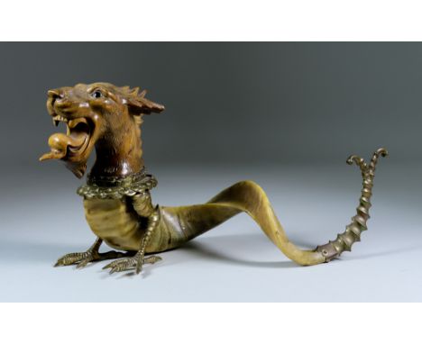 A Fruitwood, Brass and Horn Snuff Mull, Late 19th Century, modelled as a dragon, with presentation plaque dated "1896", 13.5i