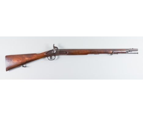 A .60 Calibre Percussion Carbine Musket, 27ins plain steel barrel, blackened lock being crown over VR and 1856 Tower to the l