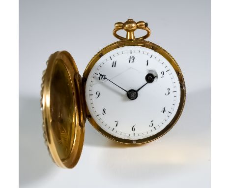 A Continental Gold Enamel and Seed Pearl Lady's Fob Watch, 19th Century, 18ct gold set with seed pearls to either face, white