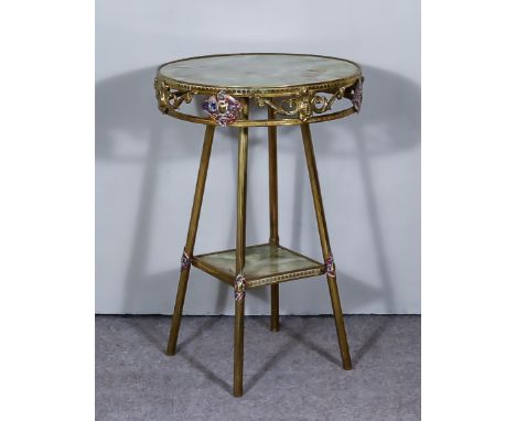 A 20th Century Brass, Enamel and Green Onyx Circular Two-Tier Occasional Table, the pierced frieze applied with shaped enamel