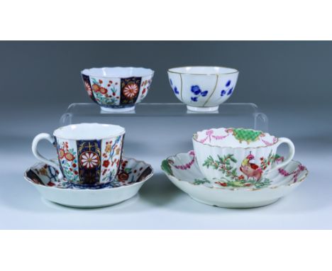 A Worcester "Queens" Pattern Bowl, Cup and Saucer, Circa 1770, blue square seal mark, a Worcester fluted tea cup and saucer p