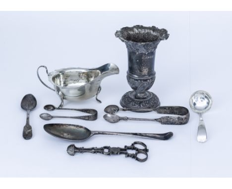 A Pair of Late George III Silver Sugar Nips and Mixed Silverware, the sugar nips possibly by Robert Metham, incomplete marks,