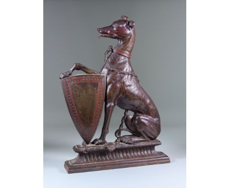 A Cold Painted Cast Iron Door Stop, Late 19th Century, by K & T Smith, Sheffield, modelled as a chained greyhound supporting 