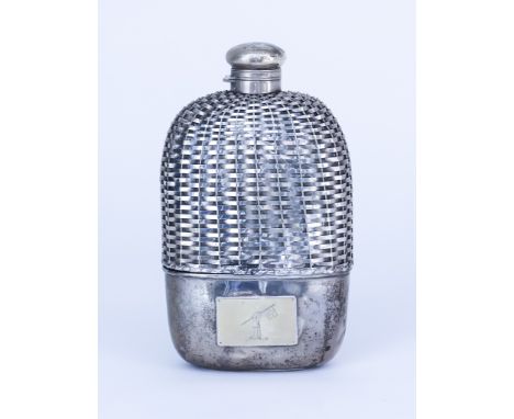 An American Sterling Silver Mounted and Glass Spirit Flask, stamped Davis & Freeman, with bayonet cover, simulated basket wea