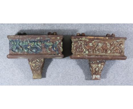 Two Cast Iron Rectangular Hopper Heads/Planters, cast with boss and scroll ornament, 25ins x 9ins x 20ins high