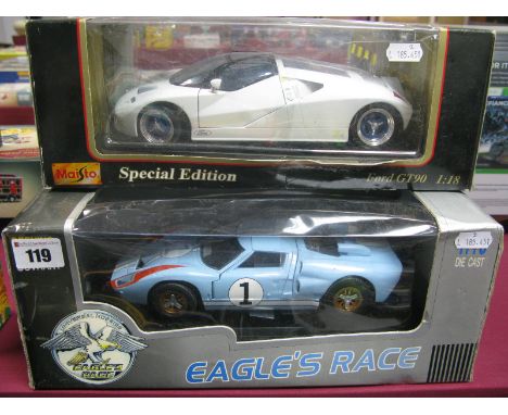 Two Boxed 1:18th Scale Diecast Model Sports Cars, Maisto #31827 Ford GT 90, Universal Hobbies Ford GT40 Race No 1.