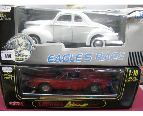 Two Boxed 1:18th Scale Diecast Model Cars, Anson #30301-W Ferrari Dino 246GT, Universal Hobbies Eagles Race 1940 Ford Deluxe 