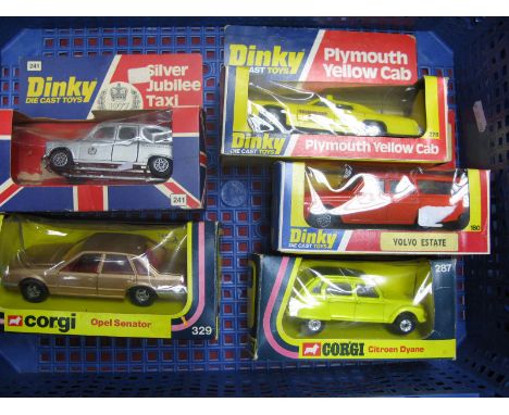 Two 1980's Corgi Diecast Vehicles, No 329 Opel Senator, No 287 Citroen Dyane, plus two late 1970's Dinky Vehicles, No 180 Vol