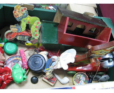 A Quantity of Mid XX Century Nursery Toys, including a clock work wooden toy of a clown on a motorcycle (damaged), walk along