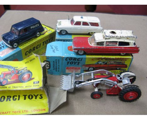Four Original Corgi Diecast Vehicles, no 419 police Ford Zephyr, No448 BMC Police Mini Van, No 57 Massey Ferguson 65 Tractor 
