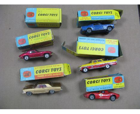 Five Original Corgi Diecast Vehicles, no 480 Chevrolet taxi, no 314 Ferrari 250, no 320 Ford Mustang, No310 Chevrolet Corvett