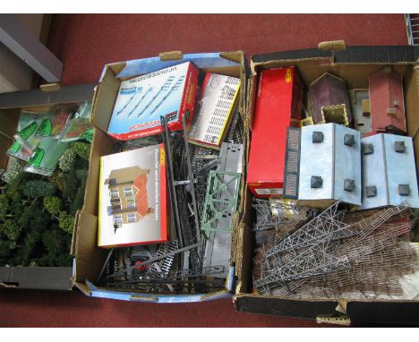 A Quantity of 'OO' Gauge Line side Buildings and Accessories, including church, engine shed, Hornby R417, sidings platforms, 