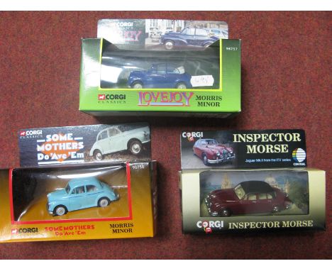 Three Boxed Corgi Diecast Model Cars, including 'First Edition' #96682 Inspector Morse Jaguar MKII, #96758 Some Mothers Do 'A