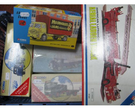 Five Corgi Boxed Diecast Model Commercial and Emergency Vehicles, including #C1143/2 Amercian LA France Aerial Ladder Truck, 