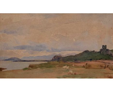 Alfred Parsons (British, 1847-1920) Distant view of Dunollie Castle, Oban, with sheep grazing beforesigned (lower left)waterc