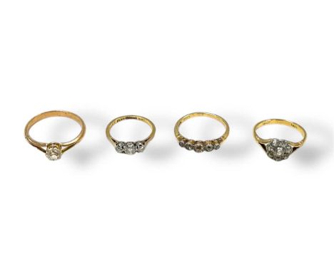 Three diamond set rings assessed as 18ct gold, gross weight 6.6g, together with a colourless stone ring tested as 9ct gold, w