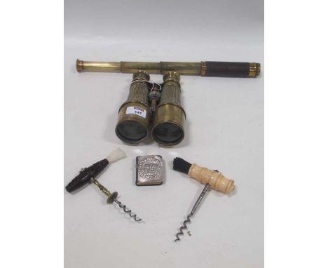 A pair of Victorian brass binoculars; together with two Victorian corkscrews and a telescope (5)