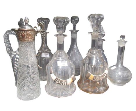 Decanters: to include a blown glass pair, 18th century style, with novelty wild boar tusk plated labels, another similar; als