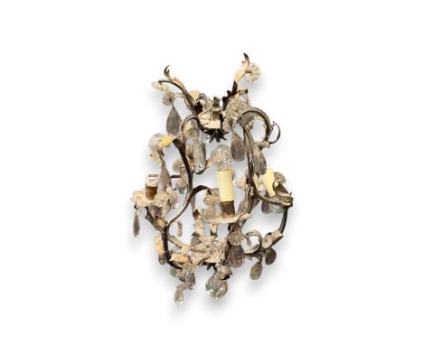 A mid 20th century French three branch tole ceiling light, the gilded foliate form set with brilliants, 46cm high