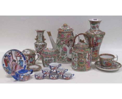 Collection of Cantonese ceramics to include teapot with woven raffia handle; large lidded water jug; ovoid lidded jar; balust