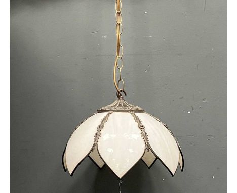 A French Art Nouveau style ceiling light with seven petal shaped translucent glass panels, 39cm diameter, 24cm high to the ho
