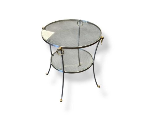A modern brushed steel and brass framed two tier occasional table, with ring handles, 83 x 56cmcondition is goodstructurally 