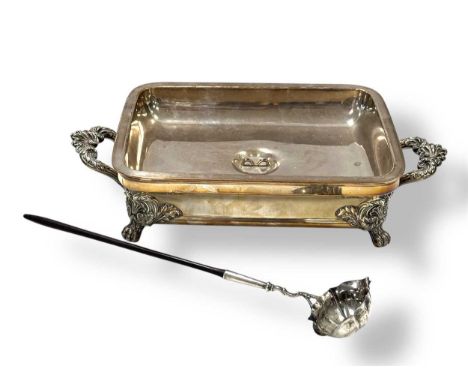 A 19th century silver punch ladle with wooden handle, together with a plated entrée dish with hot water bath (2)