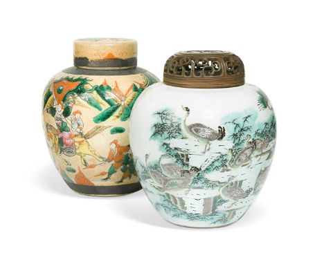 Two Chinese ginger jars and covers, 27cm and 26cm highlarger jar with birds - firing anomaly to shoulder (see image) also som