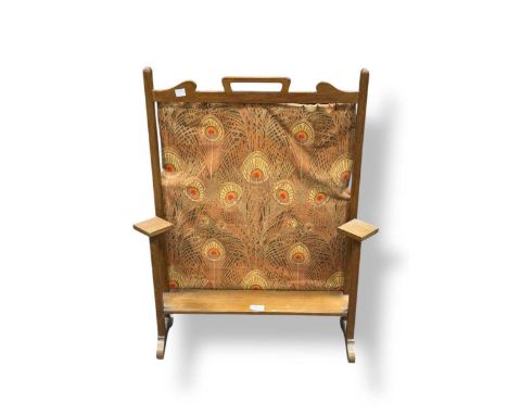 An Arts & Crafts fire screen, with Liberty peacock fabric, 73 x 62 x 14cm