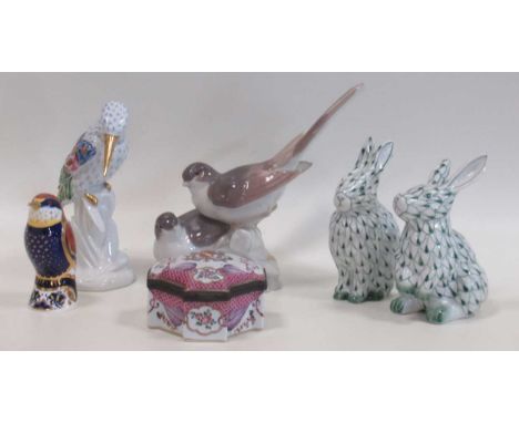 Two Herend style models of rabbits, a Royal Crown Derby paperweight of a bee-eater and a Portuguese Kingfisher