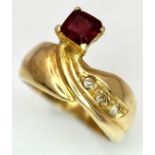 An 18K Yellow Gold Diamond and Garnet Crossover Ring. Size K 1/2. 4.4g