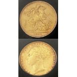 An antique, 22 K yellow gold, full Sovereign of Queen Victoria (young head), dated 1880, kept in a