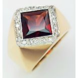 AN 18K YELLOW GOLD DIAMOND & GARNET SIGNET RING 10.5G SIZE N. Ref: SH 1443I