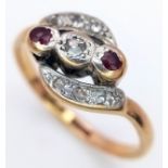 AN 18K YELLOW GOLD & PLATINUM VINTAGE DIAMOND & RUBY 3 STONE TWIST RING 3.1G SIZE N 1/2. Ref: 8803