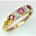 Beautiful 9 CARAT GOLD, RUBY and WHITE SAPPHIRE RING. Having 3 x Round Cut Rubies set to top