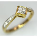 An 18K Yellow Gold Princess and Round Cut Diamond Ring. Size N 1/2. 2.4g